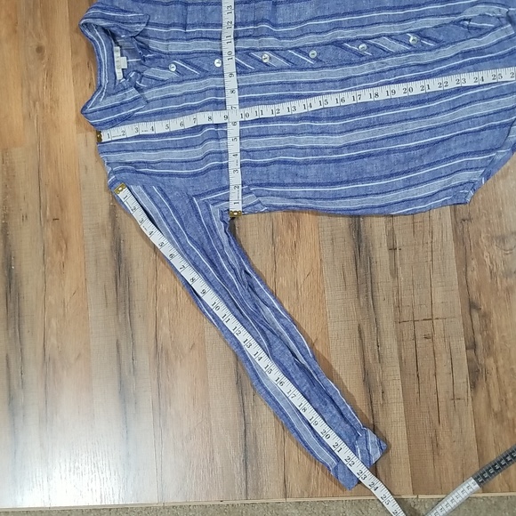 COOPER & EMMA Blue White Striped Linen Rayon Roll Tab Shirt Blouse with Pocket - Picture 12 of 12